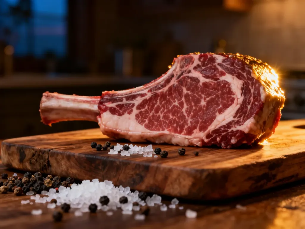 Surowy stek ribeye z widocznym marmurkowaniem na drewnianej desce, otoczony ziarnami pieprzu i kryształkami soli.