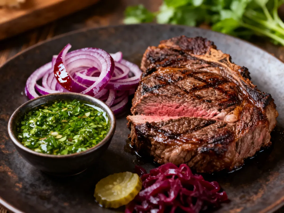 Stek z chimichurri, marynowaną cebulą i kiszonymi warzywami