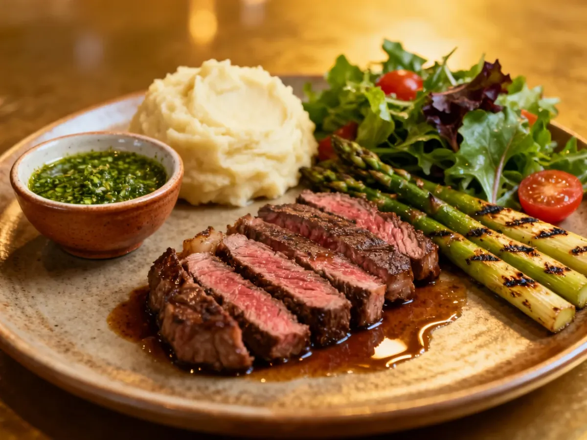 Stek z purée, grillowanymi warzywami i sosem podanym osobno