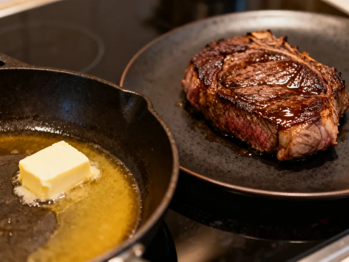 Odgrzany stek odpoczywający na talerzu obok patelni z masłem i bulionem
