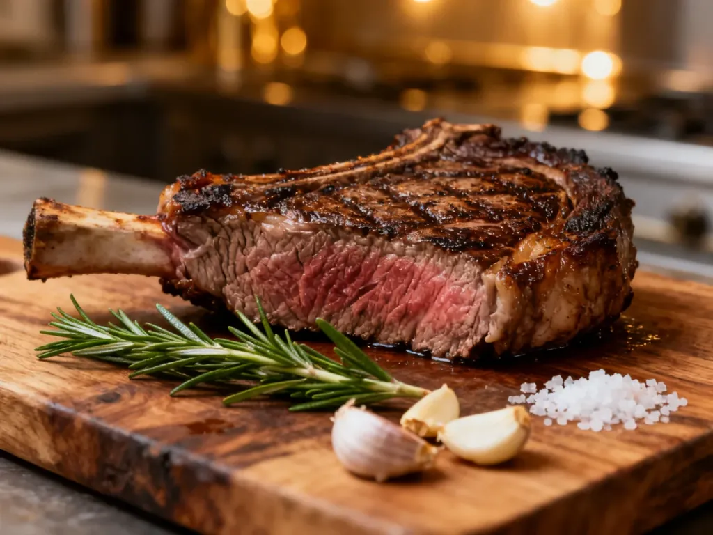 Soczysty stek ribeye na drewnianej desce z rozmarynem, czosnkiem i solą, przygotowany w profesjonalnej kuchni.