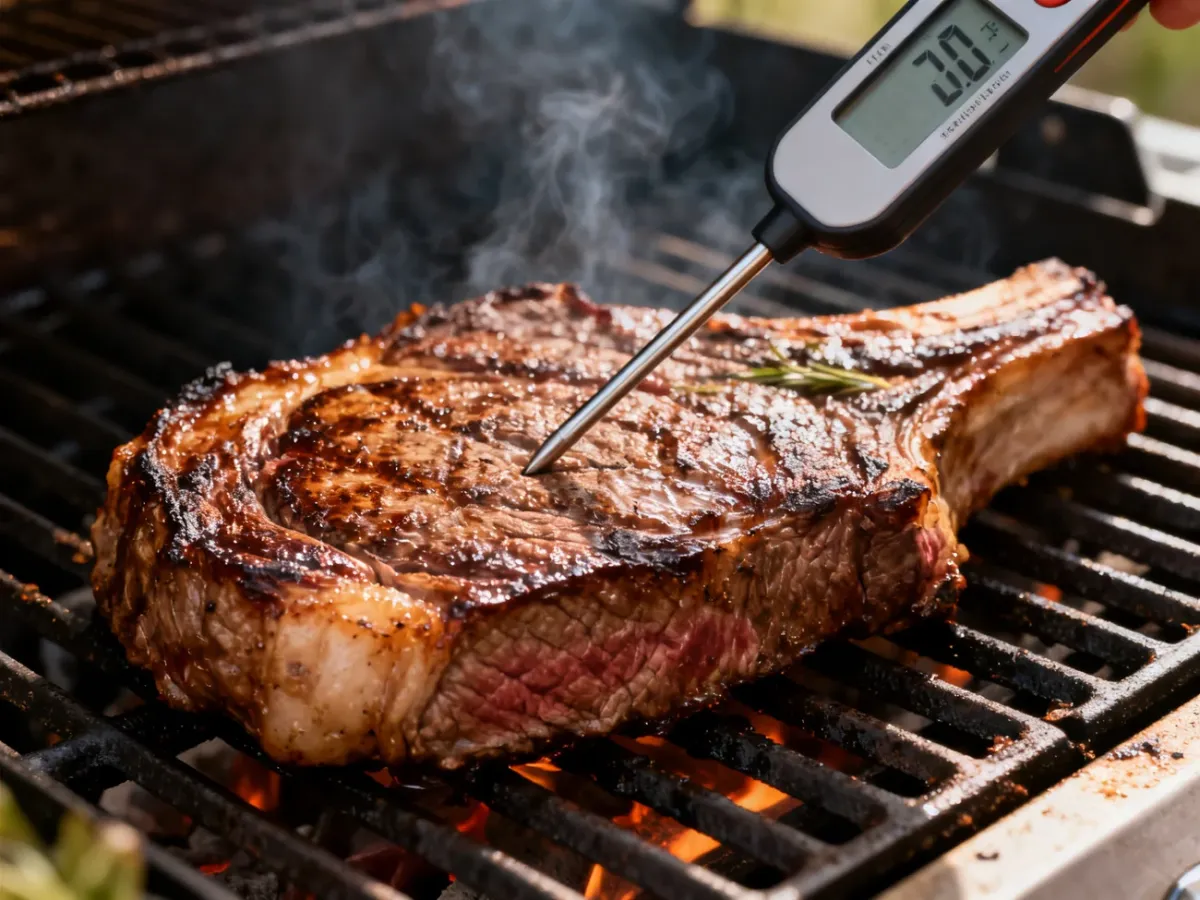 Termometr wbity od boku w środek steka na grillu