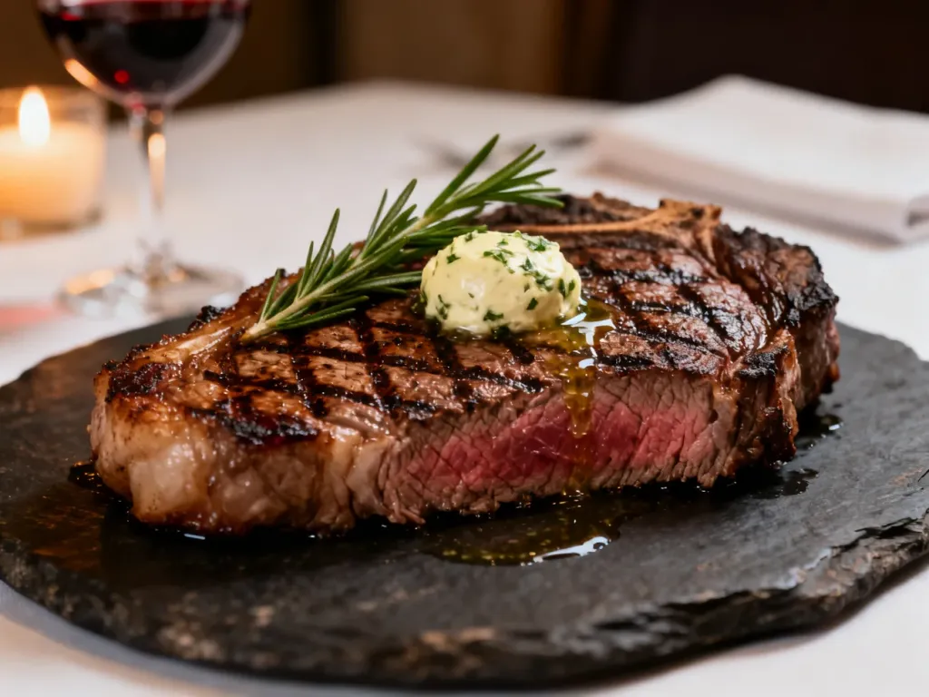 Soczysty stek ribeye z ziołowym masłem i rozmarynem, elegancko podany na kamiennym talerzu w blasku świec.