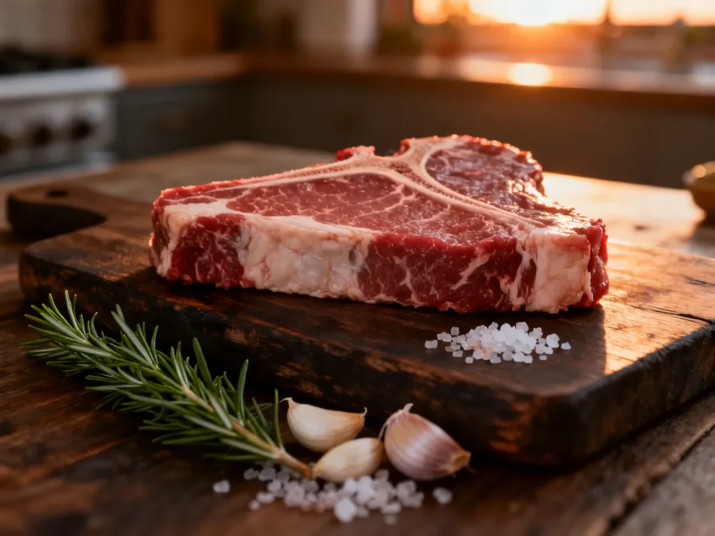 Surowy stek T-bone na drewnianej desce z rozmarynem, czosnkiem i solą, przygotowany do smażenia.