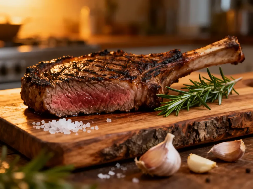 Soczysty stek ribeye na drewnianej desce, podany z rozmarynem, czosnkiem i solą morską w przytulnej kuchni.
