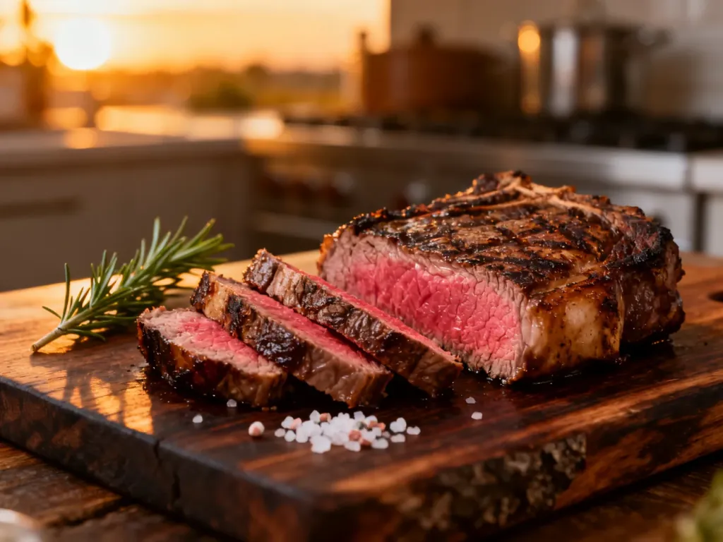 Soczysty stek ribeye w stopniu medium-rare pokrojony na drewnianej desce z dodatkiem rozmarynu i soli.