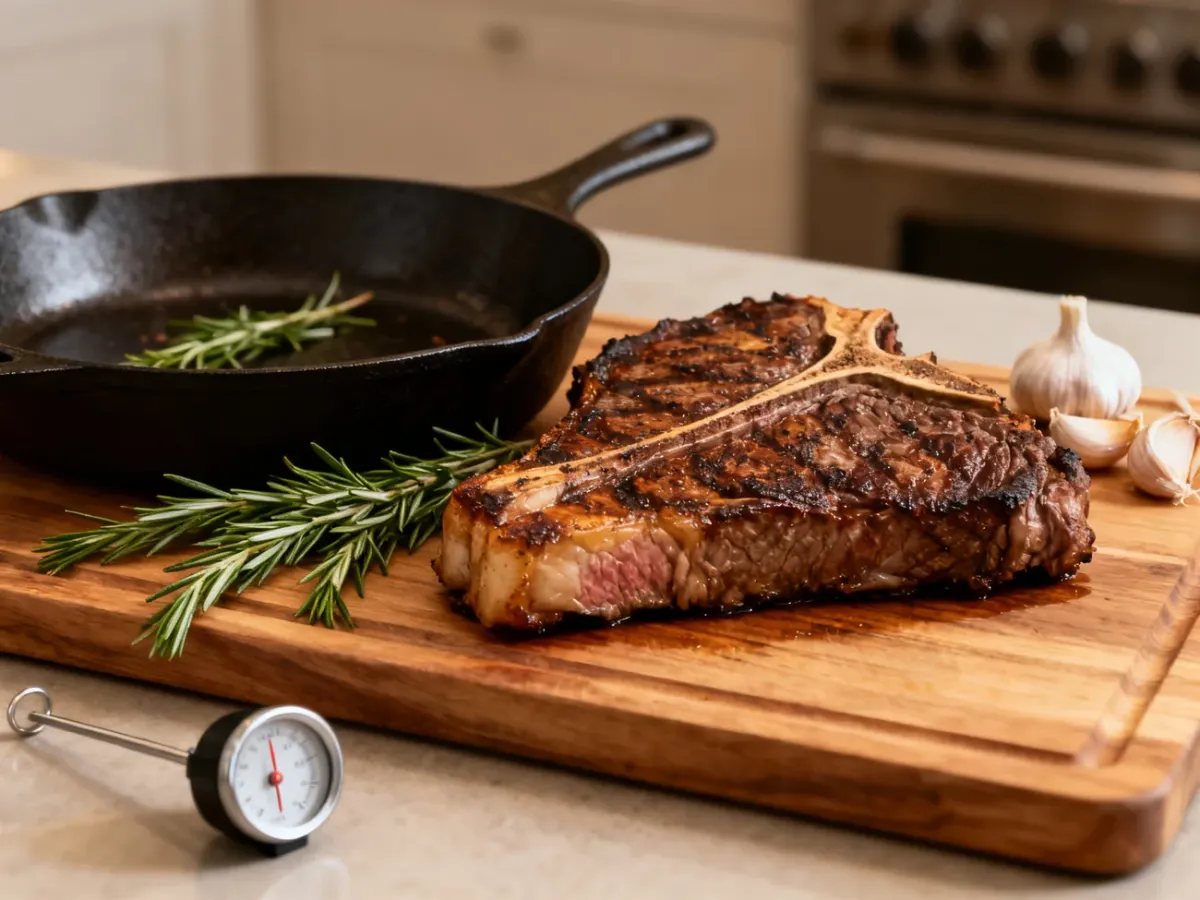 Usmażony stek T-bone odpoczywający po przygotowaniu na patelni