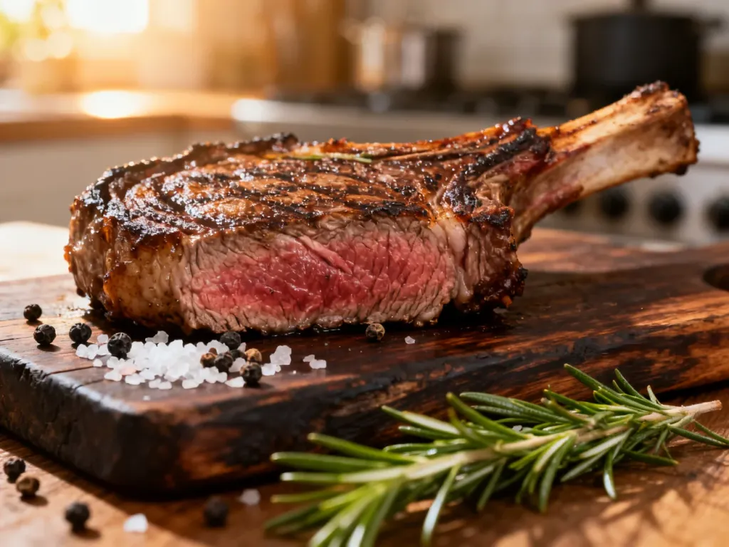 Soczysty stek ribeye na drewnianej desce w otoczeniu soli, pieprzu i świeżego rozmarynu.