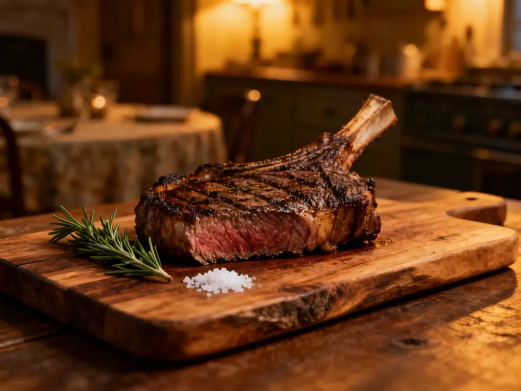 Soczysty stek ribeye podany na drewnianej desce z rozmarynem i solą, gotowy do serwowania.