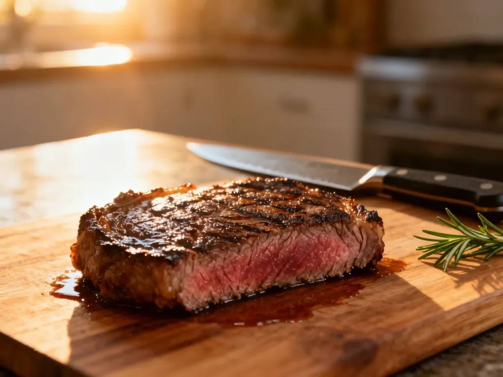 Soczysty stek typu medium-rare odpoczywający na drewnianej desce, podkreślający znaczenie tego etapu obróbki mięsa.
