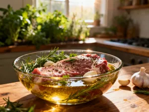 Soczyste kawałki grillowanego mięsa na metalowych szpadach, serwowane na rustykalnej desce w klimacie brazylijskiego churrasco.