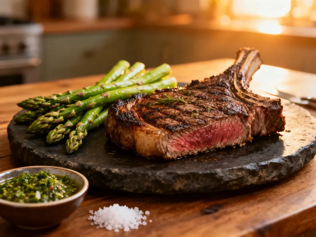 Soczysty stek ribeye podany na kamiennym talerzu z grillowanymi szparagami i sosem chimichurri.
