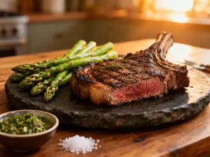 Soczysty stek ribeye z grilla z rozmarynem i masłem, podany na rustykalnej desce w klimatycznym wnętrzu restauracji.
