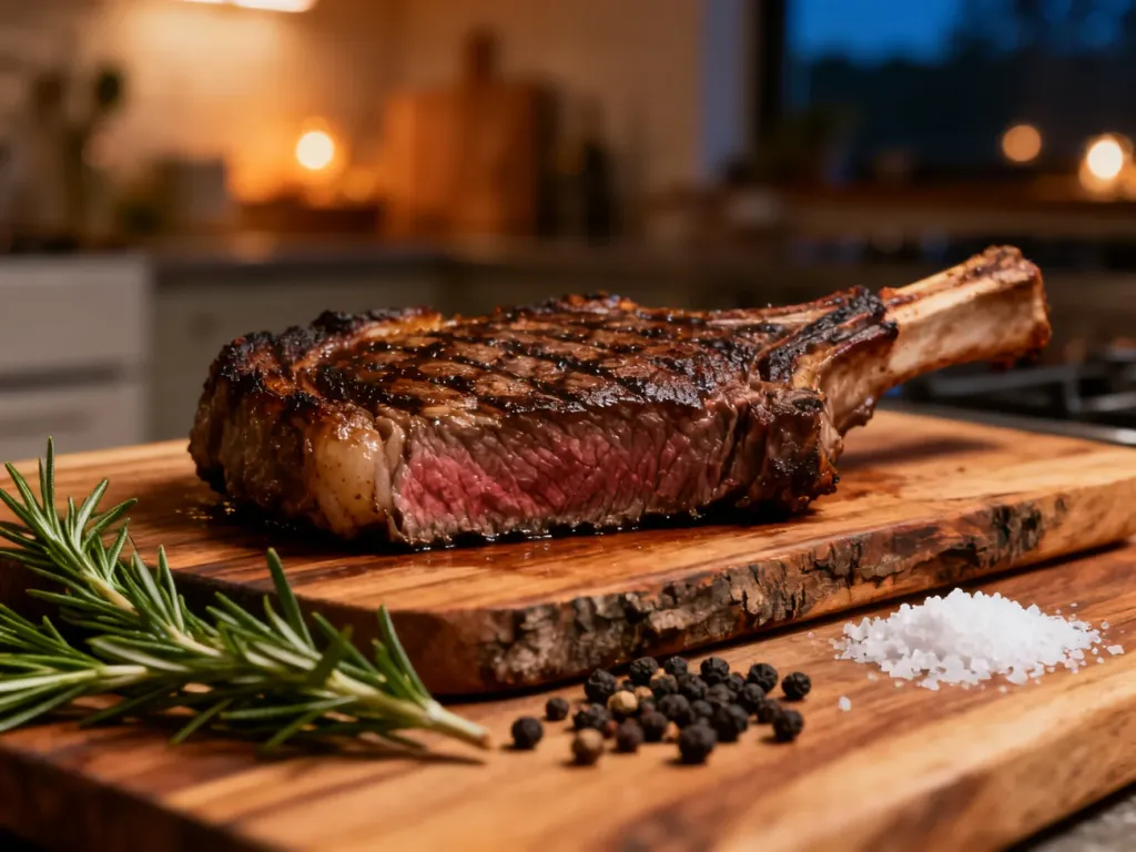 Soczysty stek ribeye z ziołami i przyprawami na drewnianej desce, przygotowany metodą sous vide.