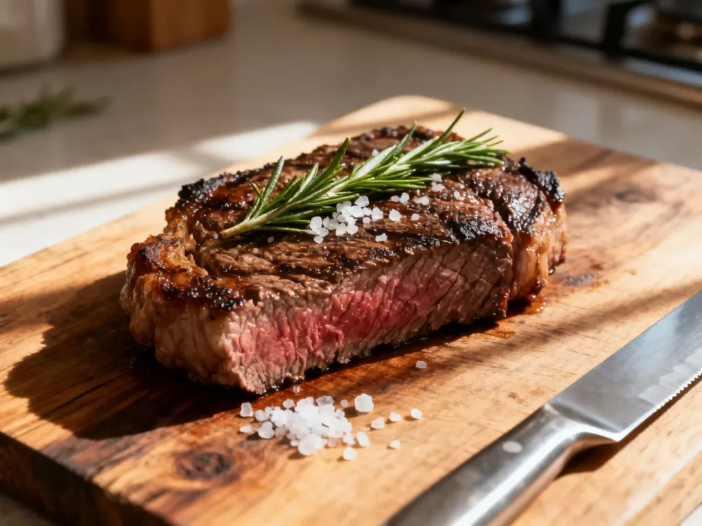Soczysty stek medium-rare na drewnianej desce z rozmarynem i solą, przygotowany zgodnie z zasadami higieny.