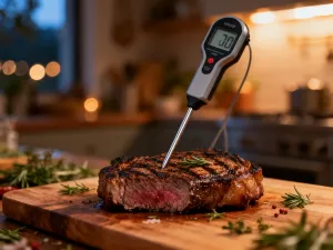 Surowy stek ribeye na drewnianej desce, równomiernie posypywany grubą solą i pieprzem dla uzyskania idealnego smaku.