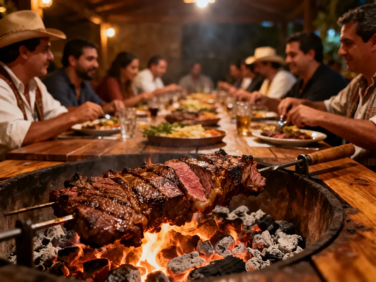 Tradycyjne brazylijskie churrasco przy ognisku z mięsem grillowanym nad żarem