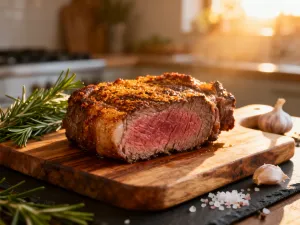 Soczysty stek ribeye podany na kamiennym talerzu z grillowanymi szparagami i sosem chimichurri.