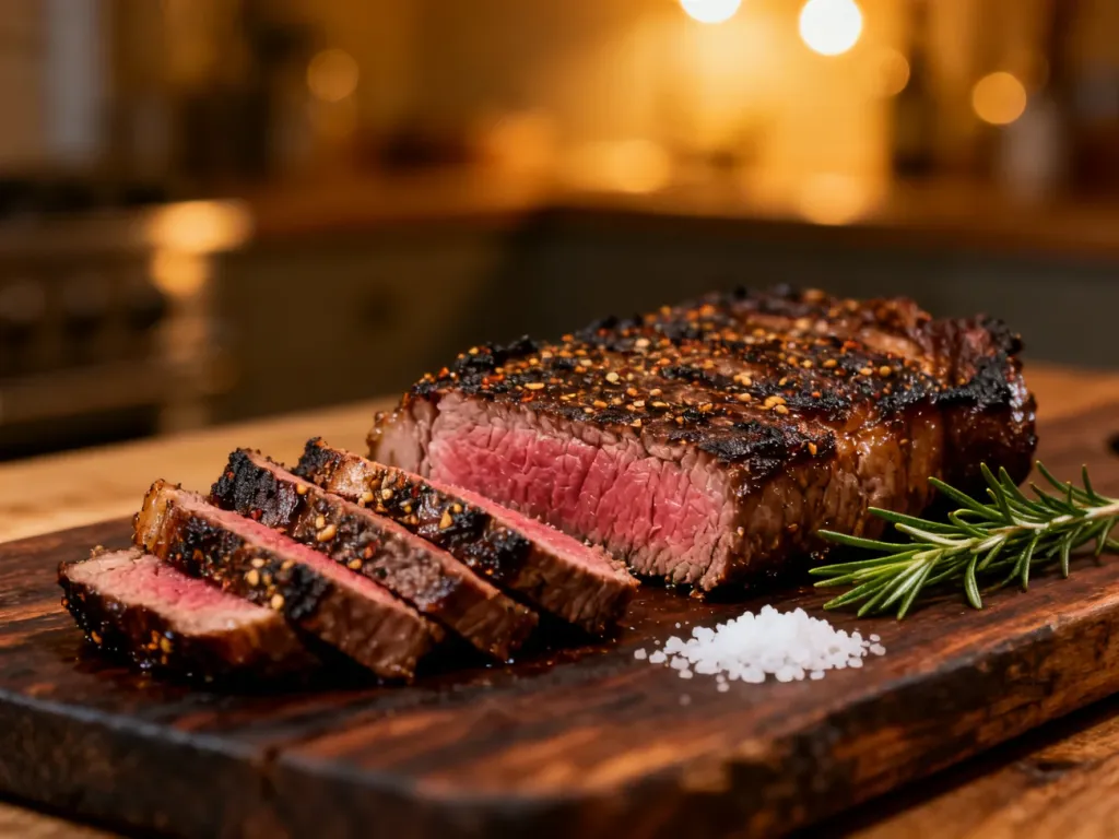 Soczysty stek hanger medium-rare pokrojony na plastry, podany na rustykalnej desce z rozmarynem i solą morską.