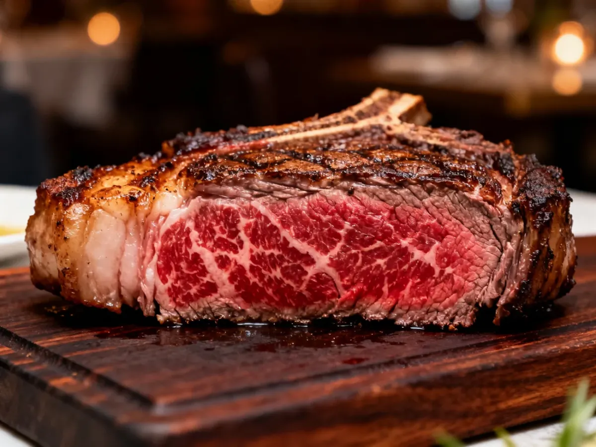 Soczysty stek ribeye sezonowany na sucho z widoczną marmurkowatością