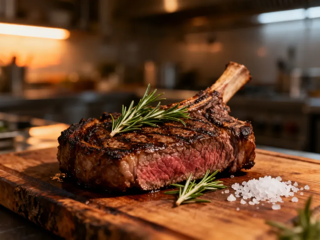 Idealnie wysmażony stek ribeye z rozmarynem i solą na drewnianej desce, gotowy do podania.