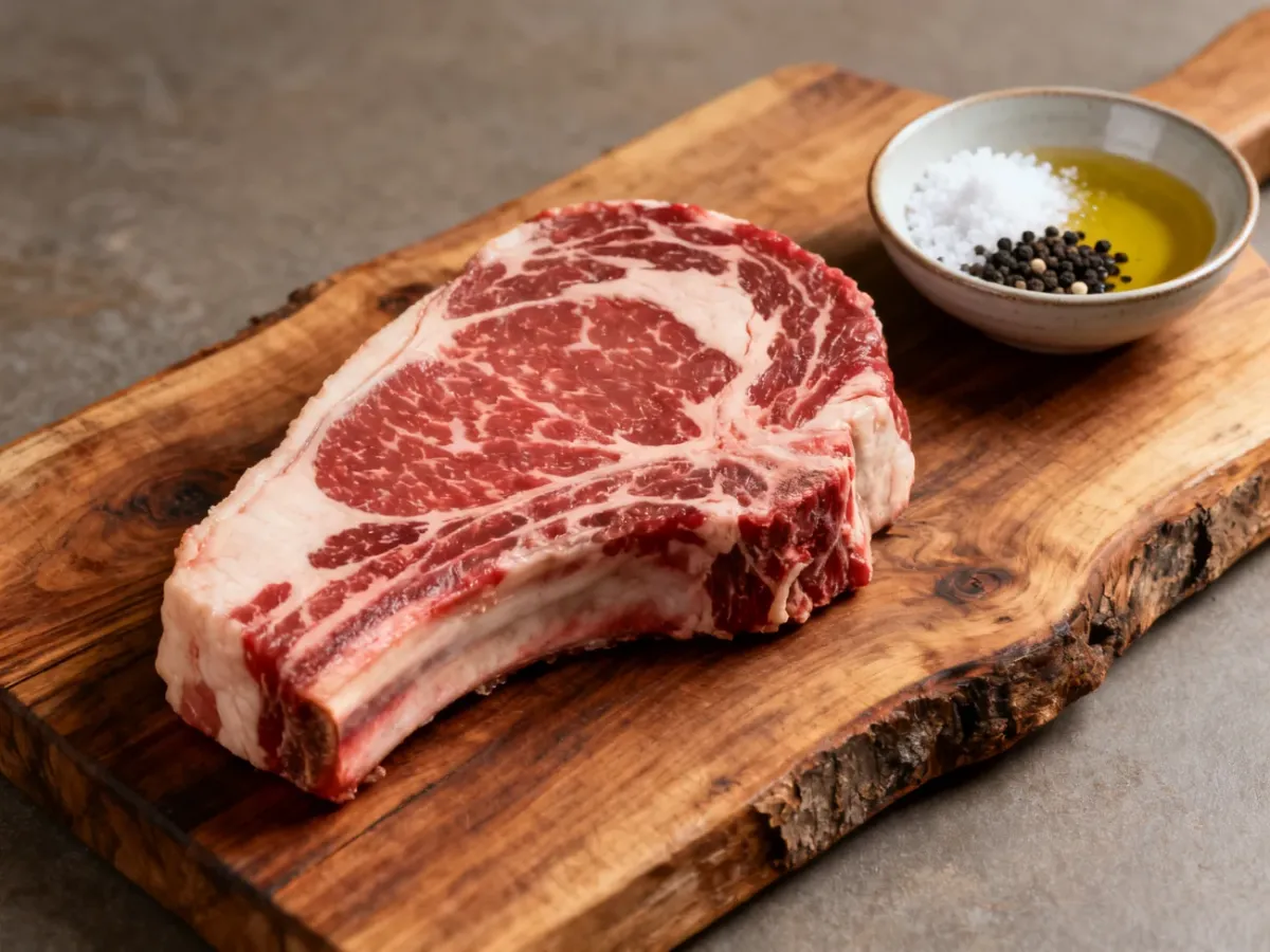 Gruby, marmurkowy stek rib-eye przygotowany do przyprawienia