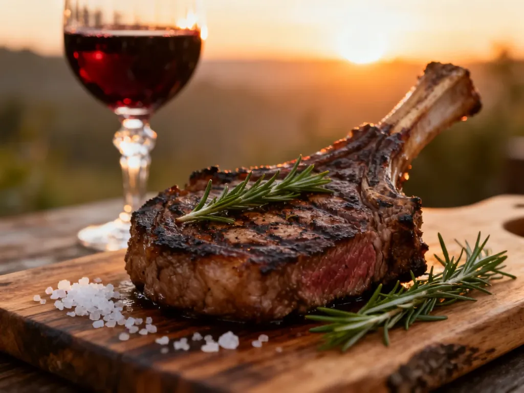 Soczysty stek ribeye z rozmarynem na drewnianej desce w towarzystwie kieliszka czerwonego wina w ciepłym świetle zachodu.