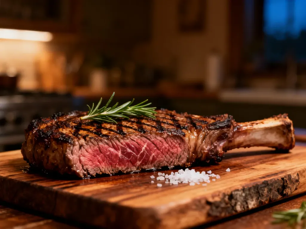 Soczysty antrykot medium-rare na drewnianej desce, udekorowany świeżym rozmarynem i płatkami soli morskiej.
