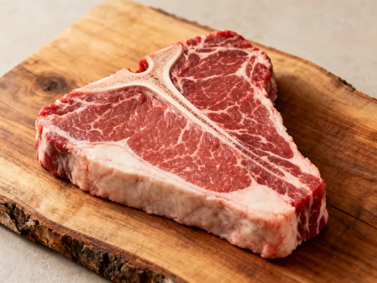 Surowy stek T-bone z widoczną kością i marmurkowatością mięsa