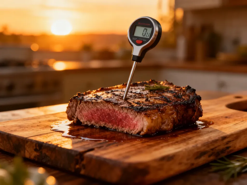 Cyfrowy termometr wbity w soczysty stek typu medium-rare na drewnianej desce, wskazujący idealną temperaturę mięsa.