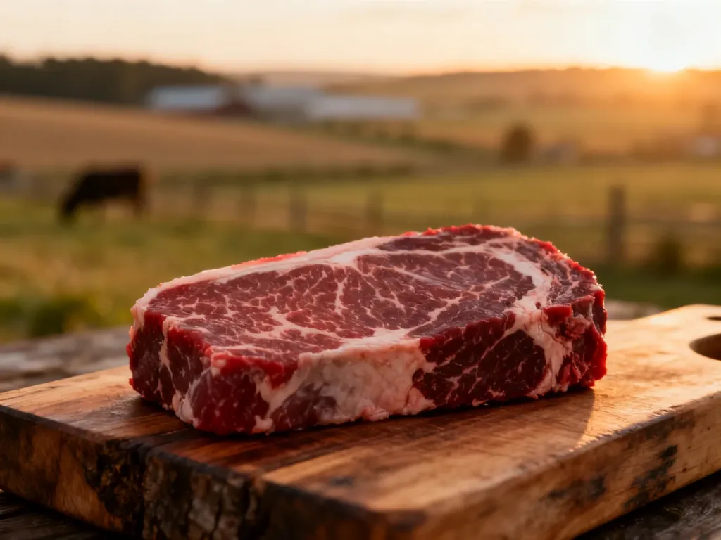 Surowy kawałek marmurkowatej wołowiny na drewnianej desce, podkreślający wysoką jakość mięsa i jego pochodzenie.