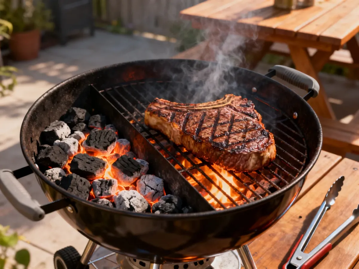 Grill z dwiema strefami temperatury i stekiem nad żarem