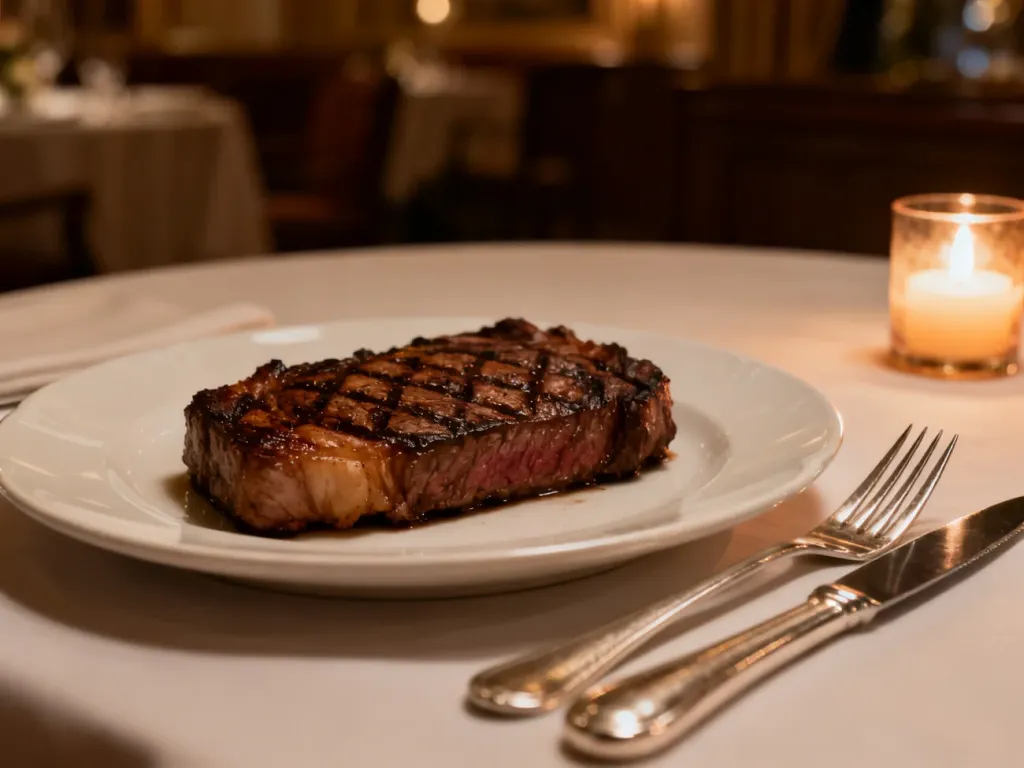 Soczysty stek na białym talerzu z eleganckimi sztućcami w restauracyjnym wnętrzu przy blasku świec.