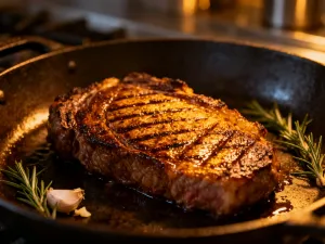 Surowy stek ribeye na drewnianej desce, równomiernie posypywany grubą solą i pieprzem dla uzyskania idealnego smaku.