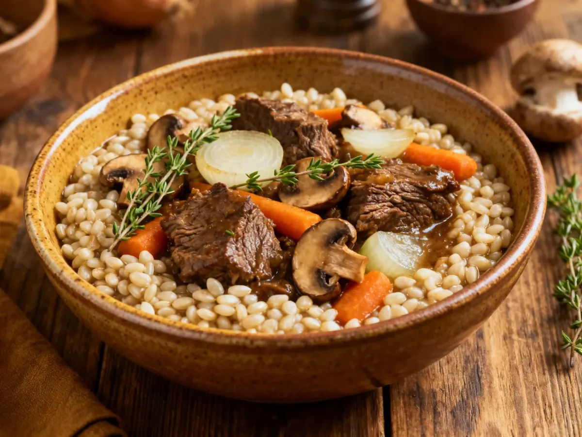 Pęczak z kawałkami wołowiny, grzybami i warzywami w gęstym sosie