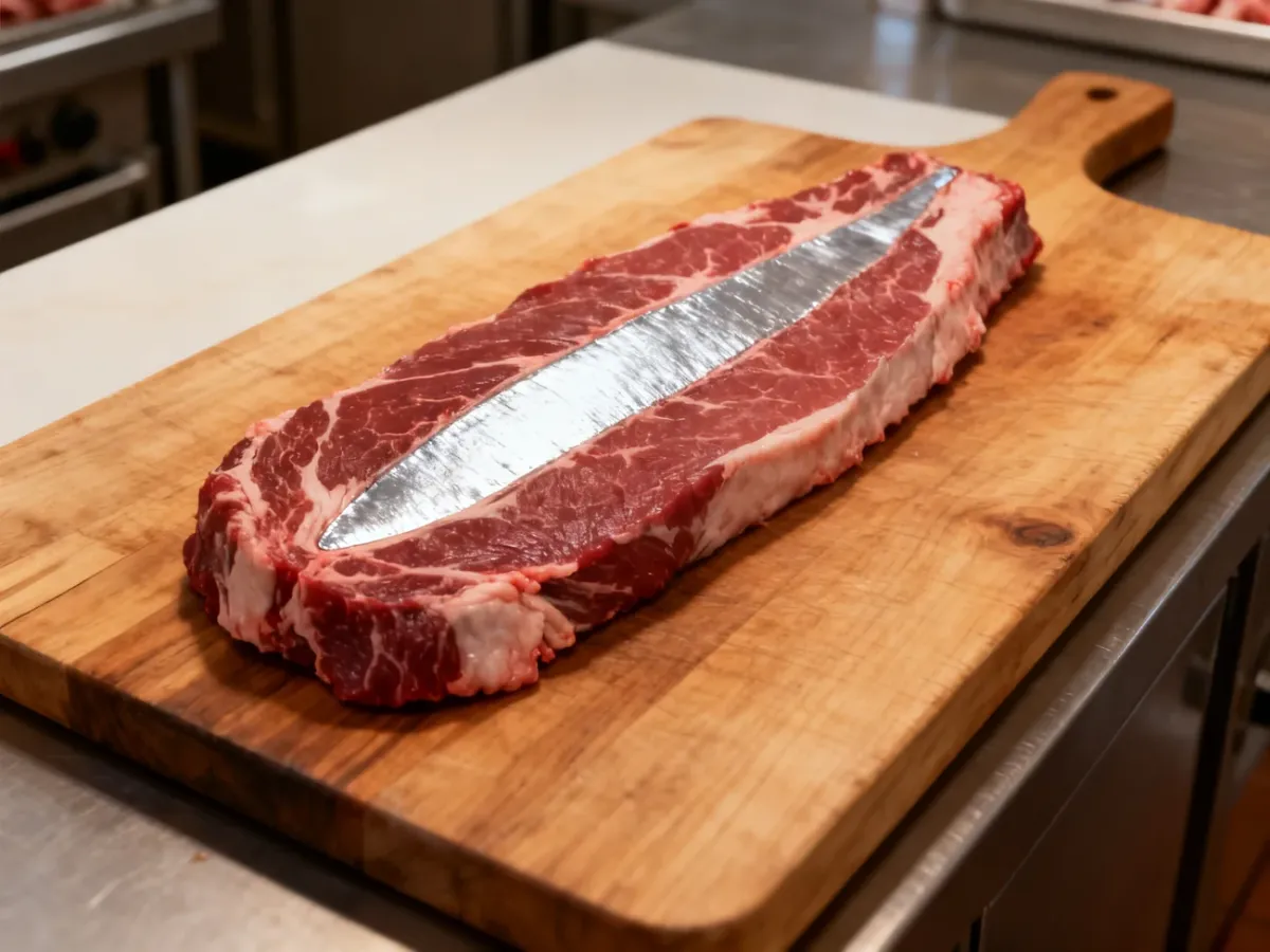 Surowy hanger steak z widocznymi włóknami i srebrzystą błoną