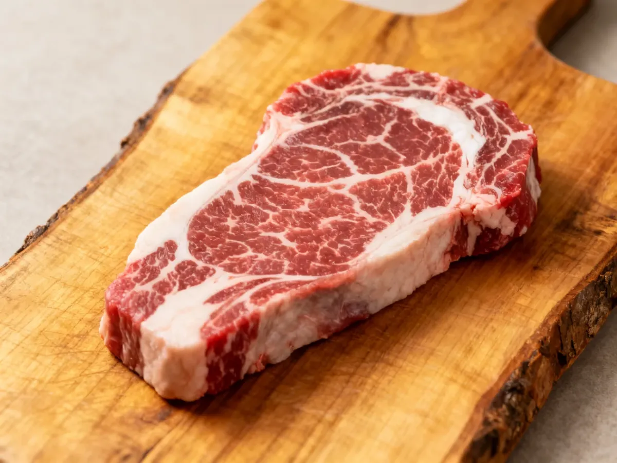Surowy, mocno marmurkowy spider steak na desce do krojenia