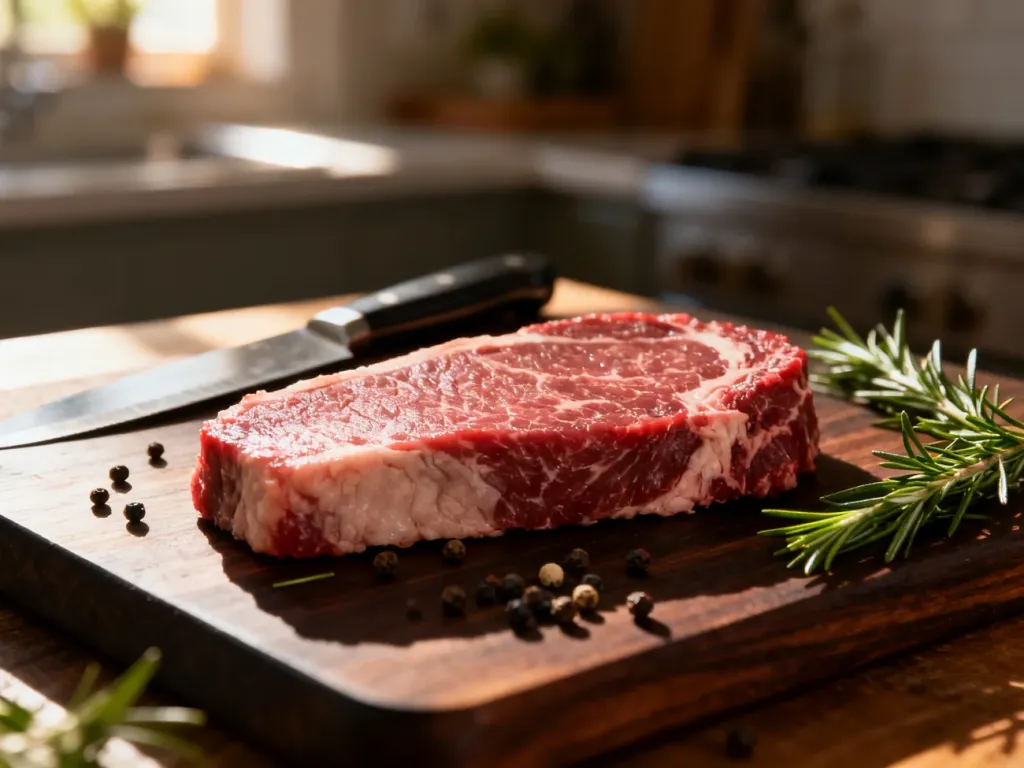 Surowy stek wołowy premium na drewnianej desce z przyprawami, podkreślający jakość produktu wykorzystywanego w gastronomii.