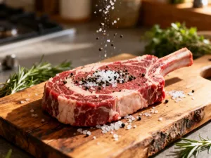 Soczysty stek typu medium-rare odpoczywający na drewnianej desce po smażeniu, obok którego leży profesjonalny nóż.