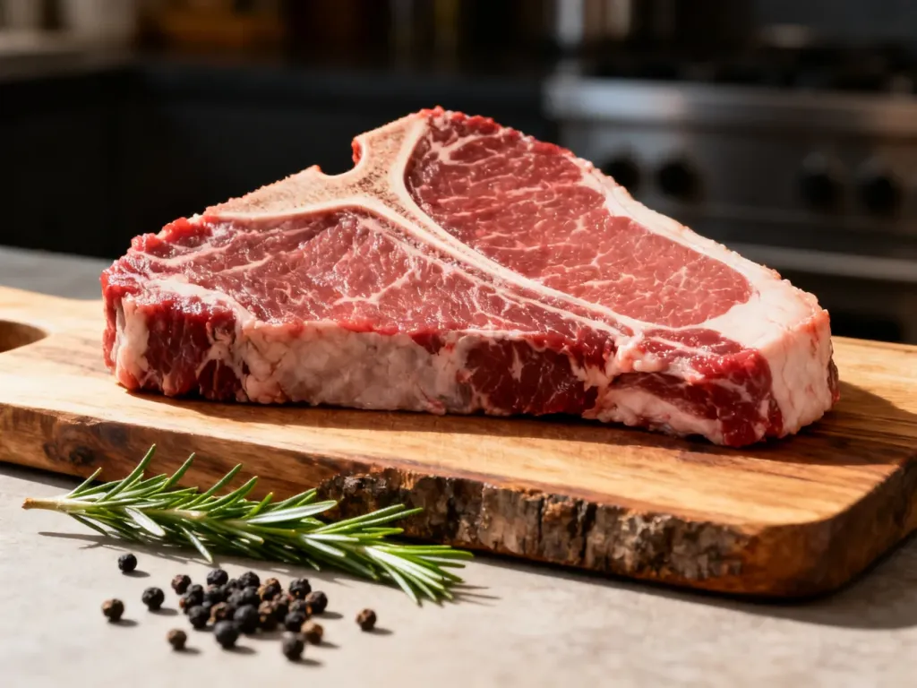 Surowy stek porterhouse z charakterystyczną kością w kształcie litery T, ułożony na drewnianej desce z ziołami.
