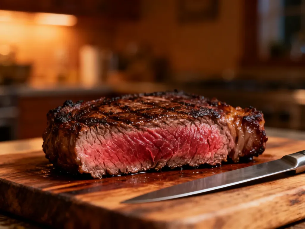 Soczysty stek typu medium-rare odpoczywający na drewnianej desce po smażeniu, obok którego leży profesjonalny nóż.