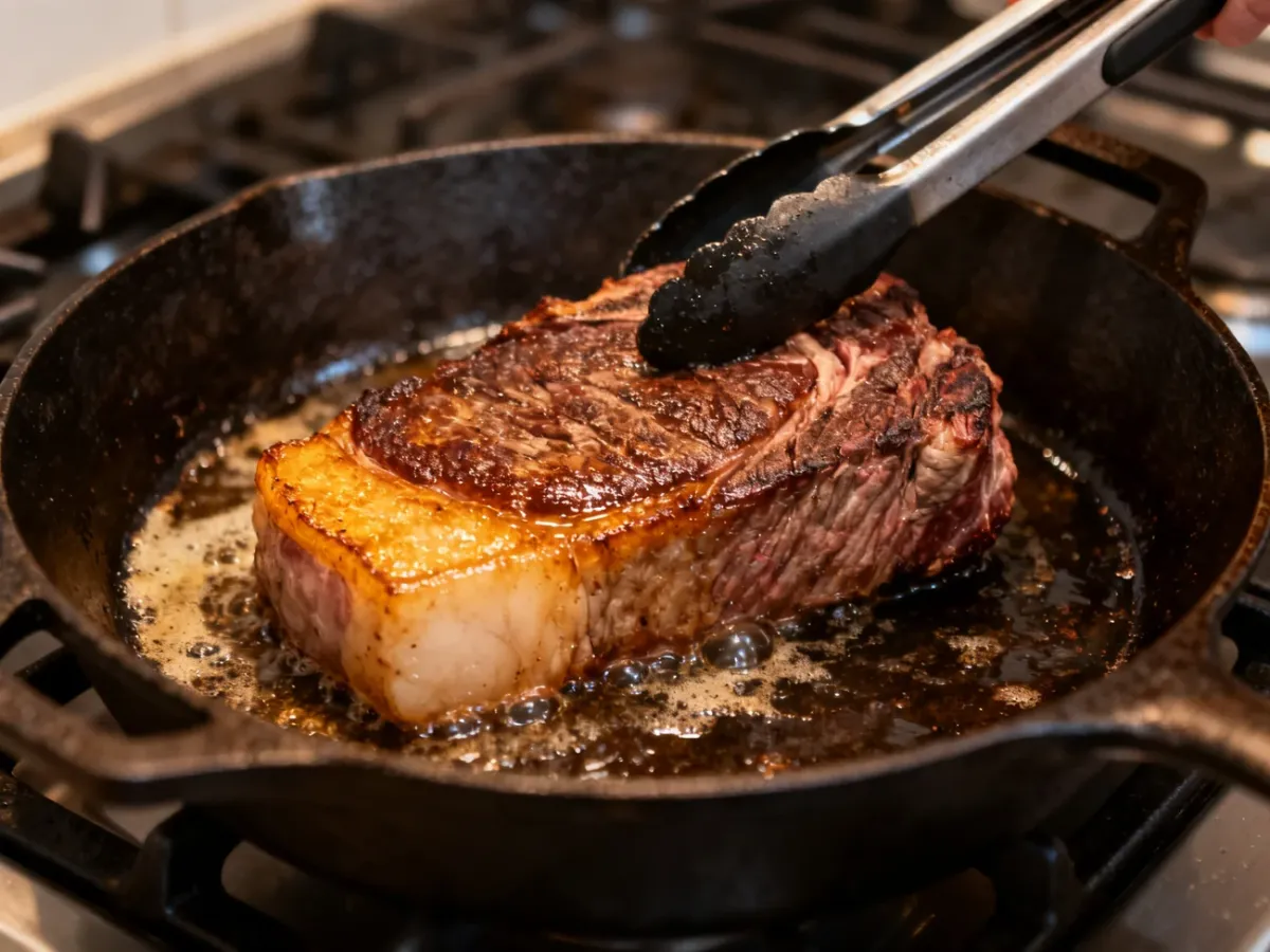 Picanha steak rendering its fat in a cast-iron skillet