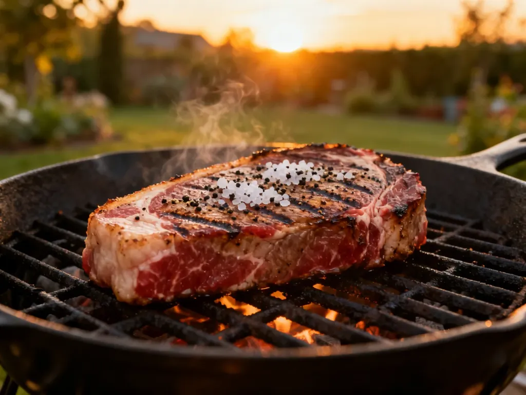 Surowy stek ribeye przyprawiony solą i pieprzem na rozgrzanym ruszcie żeliwnym podczas grillowania w ogrodzie.