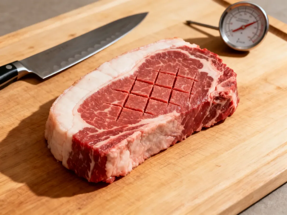 Picanha steak with a crosshatched fat cap prepared for frying