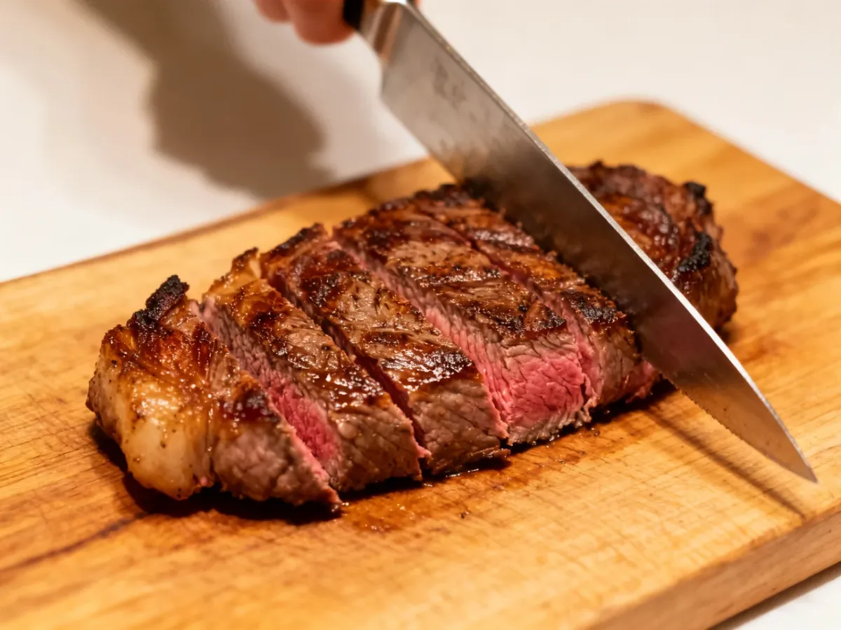 Rested picanha steak sliced across the grain