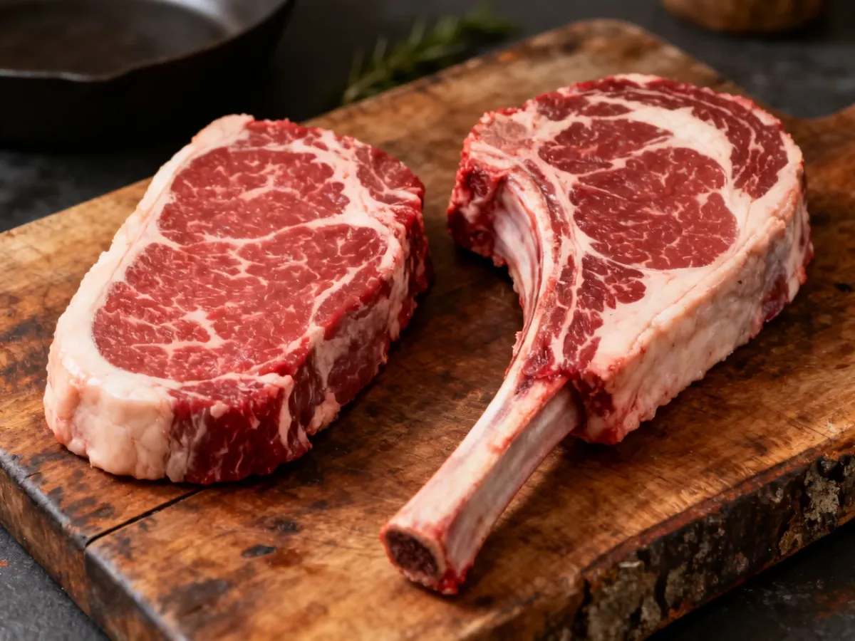 Surowe steki ribeye i antrykot z widoczną marmurkowatością, w wersji bez kości i z kością