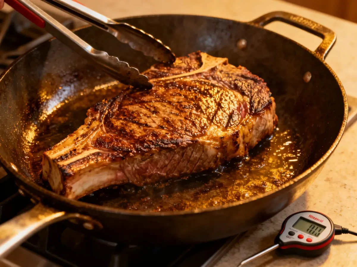 Antrykot smażony na mocno rozgrzanej patelni z termometrem kuchennym