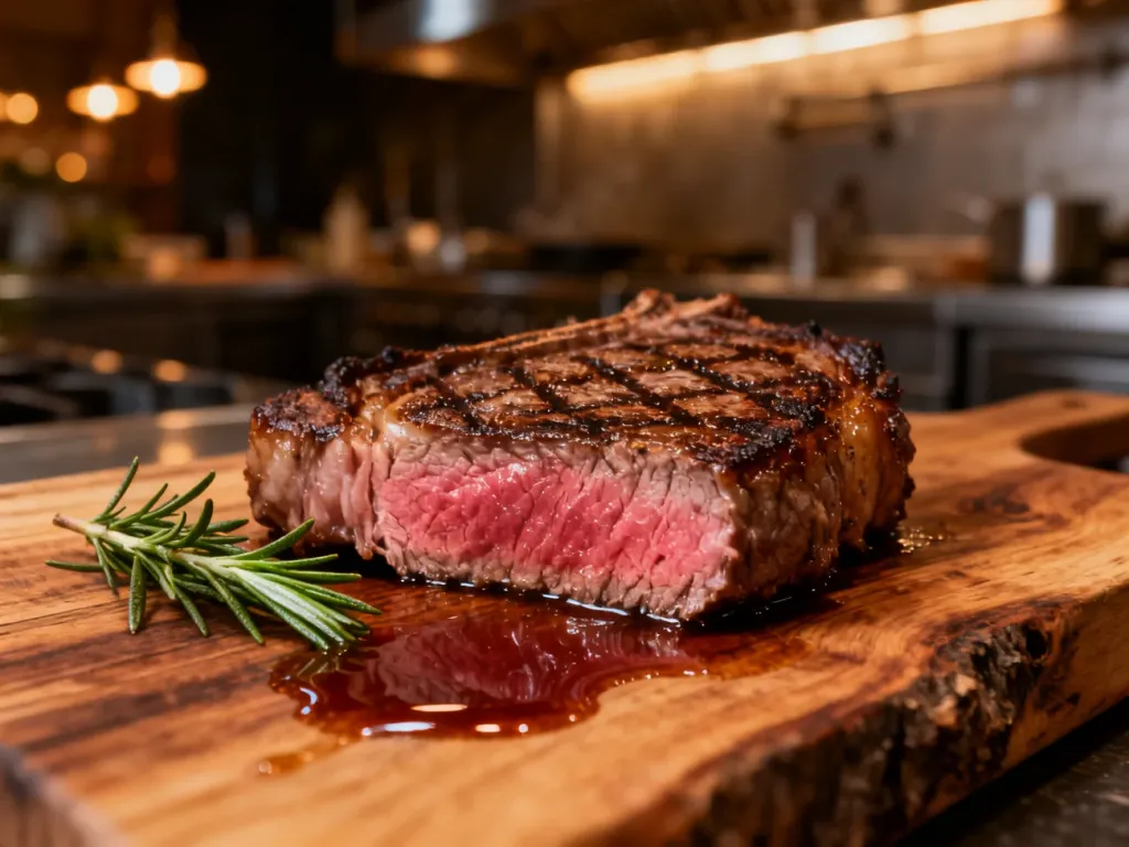 Soczysty stek medium-rare na drewnianej desce z gałązką rozmarynu, gotowy do podania.