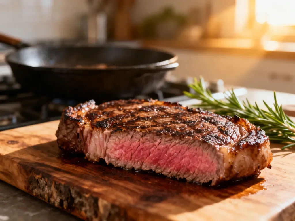 Soczysty stek wołowy medium-rare na drewnianej desce, ukazujący idealnie wysmażony środek i chrupiącą skórkę.