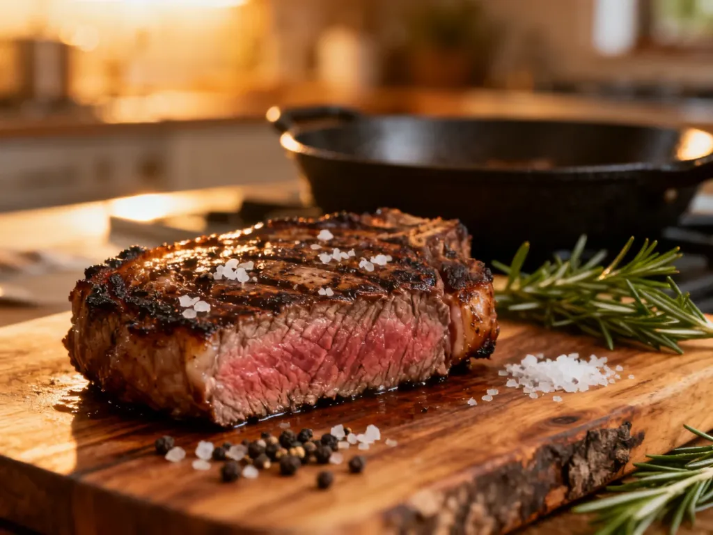 Soczysty stek picanha z chrupiącą skórką na drewnianej desce, przygotowany do podania w domowej kuchni.